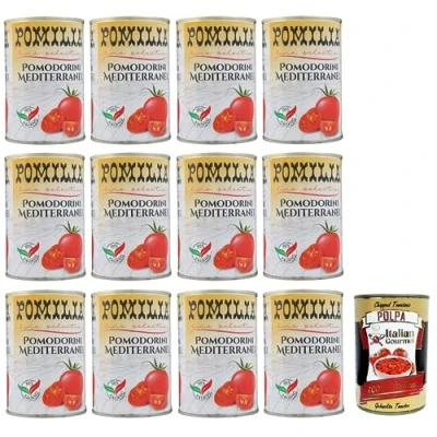 Abbildung von 48x Pomilia Pomodorini Ciliegini Mediterranei,Mediterrane Kirschtomaten,100% italienische Tomaten,400g Dose + Italian Gourmet Polpa di Pomodoro 400g