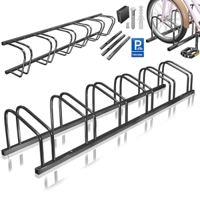 Abbildung von KESSER® Fahrradständer für 6 Fahrräder inkl. Parkschild Mehrfachständer mit 37cm Radabstand 30 65mm Reifenbreite Fahrradhalter Aufstellständer Boden oder Wandmontage Radständer Schwarz
