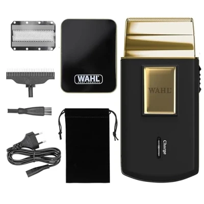 Abbildung von Wahl Travel Shaver Gold Edition Schnurloser und wiederaufladbarer Elektrorasierer für Männer, ideal Reisen, zum Schneiden von Haaren Bart, kompakt tragbar