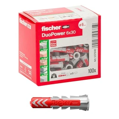 Abbildung von Fischer DuoPower Dübel, 6 x 30 mm, für Mauern, Lochstein, Gipskarton, 537640, 100 Stück