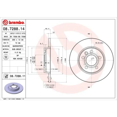 Abbildung von BREMBO 08.7288.14 Bremsscheibe 280 12 5 voll VOLKSWAGEN: Transporter 4 Pritsche / Fahrgestell, Bus, Kastenwagen