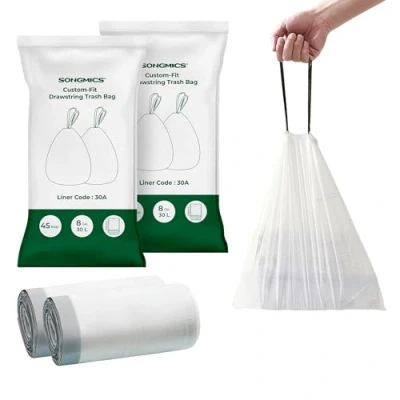 Abbildung von SONGMICS Müllbeutel mit Kordelzug, 30 l, Code A, nach Maß, 1 Rolle, 45 Stück, Weiß KRB30A