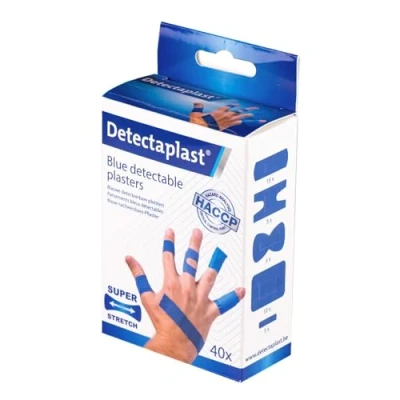 Abbildung von Detectaplast Pflaster sensitiv wasserfest Elastic, blaue Wundpflaster für Lebensmittelbereich, detektierbare Erste Hilfe, 9 x 38, 19 72, 25 Fingerkuppe und Gelenk, 40 Stück