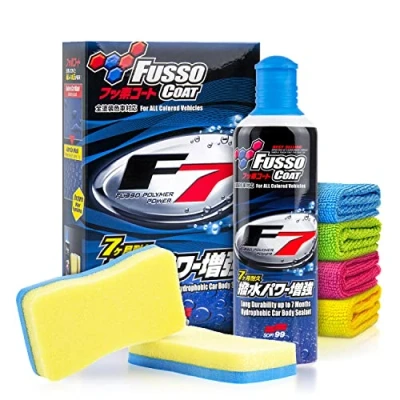Abbildung von Soft99 Fusso Coat F7 (300ml) Auto Wachs Versiegelung Set flüssiges Autowachs mit Langzeitschutz (7 M.) &amp; Glanz Boost Wax, Lackversiegelung, Langzeitversiegelung, Flüssigwachs 7 tlg.