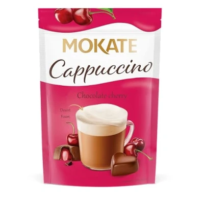 Abbildung von MOKATE Cappuccino Cherry Geschmack Kirschen mit Schokoladeüberzug Instantkaffee Kaffeegetränk Samtig und Aromatisch Cremiger Kaffee Getränk Schnurbeutel 110g