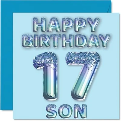 Abbildung von Stuff4 Geburtstagskarte zum 17. Geburtstag für Sohn, blaue Glitzer Partyballons, Happy Birthday Karten den von Mama Papa Eltern, 145 mm x