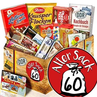 Abbildung von Alter Sack 60 Ostpaket mit Süßigkeiten Geschenkidee Männer