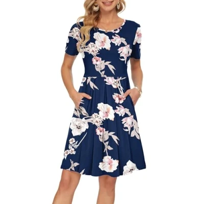 Abbildung von AUSELILY Sommerkleider Damen Kurz A Linie Leicht Und Luftig Elegant Plissee Loose Swing mit Knielangen Taschen Saphirblume 2XL