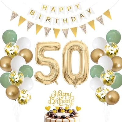 Abbildung von 50.Geburtstag Deko Salbeigrüne, Luftballon 50. Geburtstag Männer Frau, Ballon Grün Weiß Gold, Zahl 50 Folienballon, Tortendeko für Dekoration