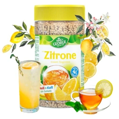 Abbildung von KING GEORGE Royal Tea Time, Zitrone Instantgetränk 6 x 400 g, Heiß &amp; Kalt ein Genuss, Instantteegetränk mit Zitronengeschmack, ergibt bis zu 4 l, Schwarzteeextrakt