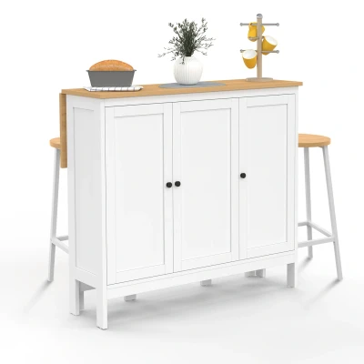 Abbildung von Set aus Bartisch mit Insel Achille und 2 Hockern weißem Holz Buchenholzplatte IDMarket