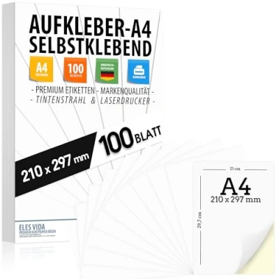 Abbildung von 100 selbstklebende DIN A4 Etiketten Aufkleber, 210x297 mm, universell bedruckbar, matte weiße Oberfläche, kompatibel mit Inkjet und Laserdruckern, Sticker für viele Anwendungen AUS DEUTSCHLAND