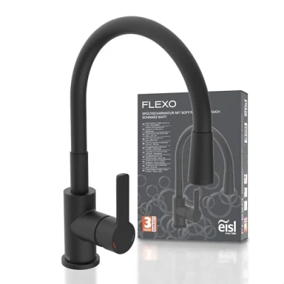 Abbildung von EISL Flexo Schwarz Flexible Spültischarmatur, biegsamer Wasserhahn für die Küche schwarz, hoher Auslauf mit Soft Touch Schlauch, 360 Grad schwenkbar, flexibel, NI186FLBL