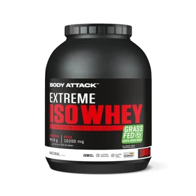 Abbildung von Body Attack Extreme Iso Whey, Neutral, 1,8 kg, CFM Whey Protein Isolat aus 100% irischer Weidemilch, glutenfrei, reich an EAAs, perfekt löslich, fettarm, ohne Aspartam, 90,6% Anteil