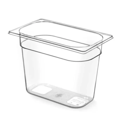 Abbildung von HENDI Gastronormbehälter, Temperaturbeständig von 40 bis 90C, BPA frei, Geruchs und geschmacksneutral, Enthält kein Bisphenol A, Stapelbar, 2,8L, GN 1/4, 265x162x(H)100mm, Hochtransparent
