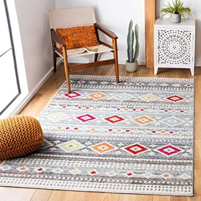 Abbildung von SAFAVIEH Boho Teppich für Wohnzimmer, Esszimmer, Schlafzimmer Adirondack Collection, Kurzer Flor, Hellgrau und Elfenbein, 91 X 152 cm