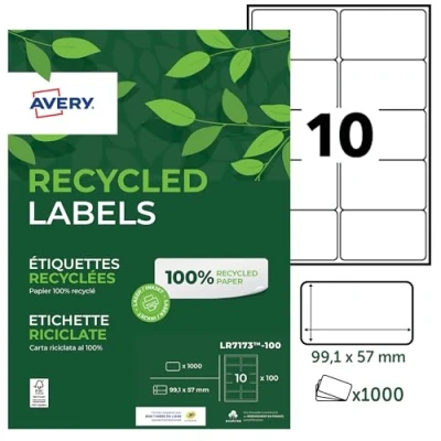 Abbildung von Avery LR7173 100 Adress Etiketten, recycelt, weiß, 99,1 x 57 mm, 1000 Stück