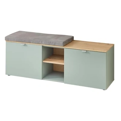 Abbildung von Stella Trading BARI Schuhbank in Schilfgrün, Artisan Eiche Optik FSC Zertifiziert Moderne Sitzbank mit Stauraum für Ihren Flur 128 x 50 38 cm (B/H/T)