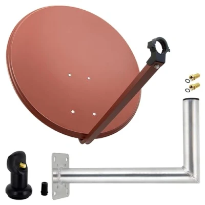 Abbildung von Premium X Satelliten Komplettanlage 80cm Satellitenantenne Ziegelrot Satellitenschüssel SAT Single LNB 4X F Stecker Wandhalter 45cm
