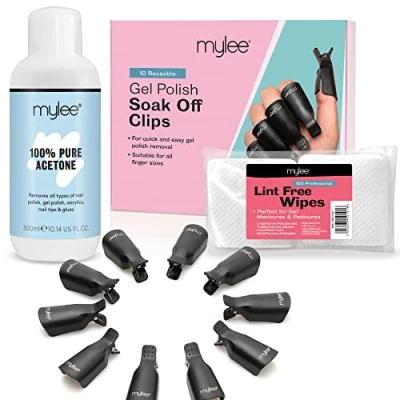 Abbildung von Mylee Gel Nagellackentferner Set Reines Aceton 300 ml, 100 Fusselfreie Tücher, 10 Stück Soak Off Nagelclips Nagellackentferner, Entfernungs Pads, Wiederverwendbare Clips, Maniküre, Pediküre