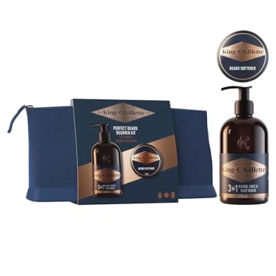 Abbildung von King C. Gillette Bart Set, perfekt für einen duftenden jeden Tag, mit Reisetasche, 3 in 1 und Gesichtsreiniger 350 ml Bartbalsam 100