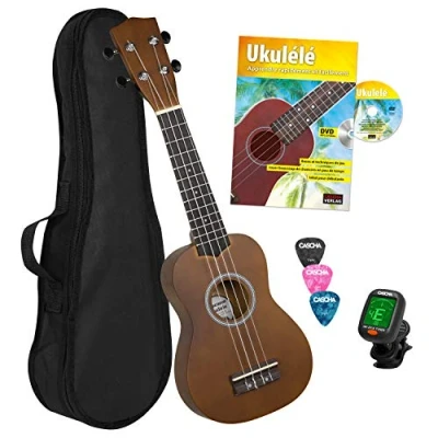 Abbildung von Cascha Sopran Ukulele Set I Starter Kit mit 3 Plektren Tasche Stimmgerät &amp; französischem Lehrbuch Lindenholz Kleine Hawaii Gitarre für Anfänger Fortgeschrittene