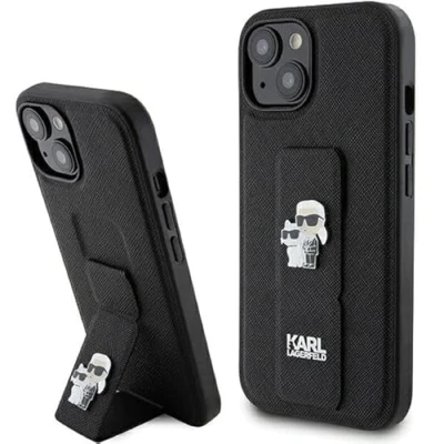 Abbildung von Karl Lagerfeld KLHCP15SGSAKCPK Hülle für iPhone 15 6.1&quot; Schwarz hardcase Gripstand Saffiano Karl&amp;Choupette Pins