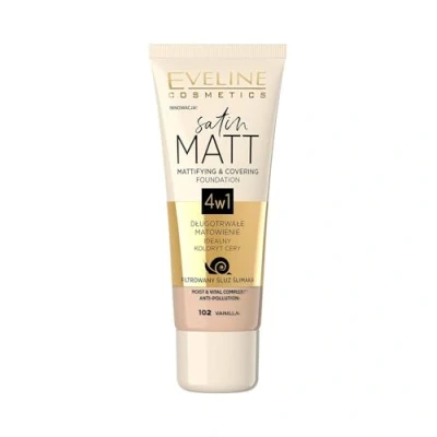 Abbildung von Eveline Cosmetics Satin Matt Foundation mit Schneckenschleimfiltrat Aufbauende Deckkraft &amp; Porenminimierung 30ml