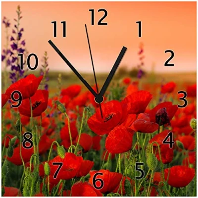Abbildung von Wallario Design Wanduhr aus Echtglas Mohnblumen auf dem Feld, Größe 30 x cm, Schwarze Zeiger