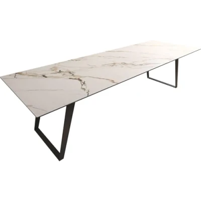 Abbildung von Esstisch Edge 300x100 Keramik Calacatta Luxe Weiß Gold Grau Metall Schräg Schwarz