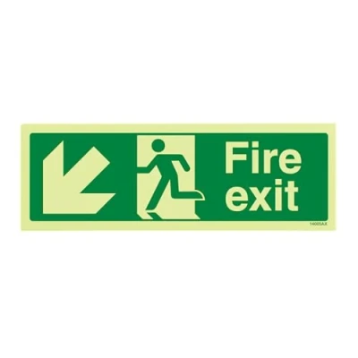 Abbildung von VSafety Warnschild „Fire Exit“, 300 x 100 mm, fester Kunststoff, leuchtet im Dunken, Pfeil nach links unten Hartkunststoff