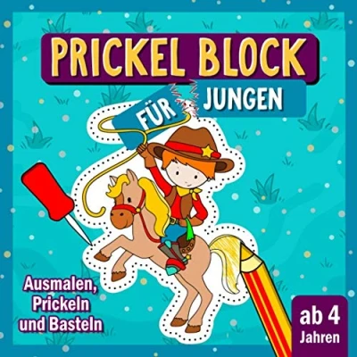 Abbildung von Prickel Block für Jungen: Prickeln und Ausmalen Kinder ab 4 Prickelbilder Vorlagen mit Feuerwehr, Polizei, dem „wilden Westen“, ... zum Ausschneiden, Basteln