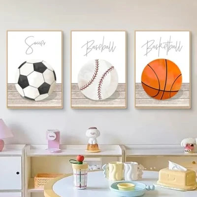 Abbildung von 3er Set Poster Kinderzimmer, Sportmotive Bilder Ohne Rahmen, Kinderbilder Sport Set, Wandbilder Fußball Basketball Baseball für Wohnzimmer Leinwand Wandkunst (ABC,30x40cm)
