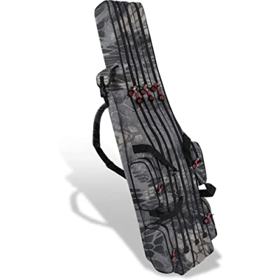 Abbildung von Rutentasche Rod Case Angelkoffer Futteral mit 2, 3 oder 4 Ruten Fächern, Verschiedene Längen wählbar stark wasserabweisender Fishing Rucksack Farbe Schwarz Nachttarn Innenfächer Größe 160 cm