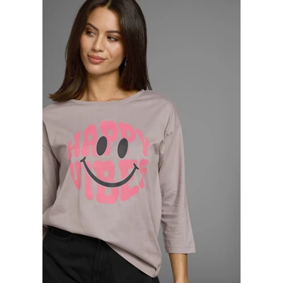 Abbildung von Laura Scott 3/4 Arm Shirt mit fröhlichem Frontprint &amp; abgerundetem Saum NEUE KOLLEKTION