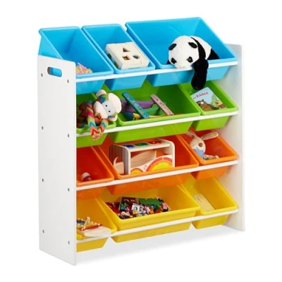 Abbildung von Relaxdays, HxBxT 88x86x31 cm Kinderregal mit Regalboxen, Aufbewahrungsregal, buntes Spielzeugregal, MDF+Kunststoff, Faserplatte, Eisen, X Large