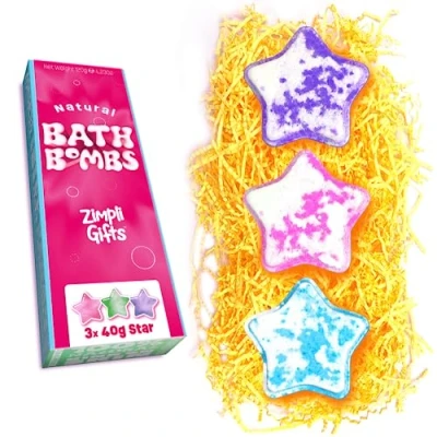 Abbildung von 3 x Zimpli Gifts Badebomben Geschenk Set, Sternen Wert Set für Frauen, handgefertigte schwimmende Bomben feuchtigkeitsspendend trockene Haut