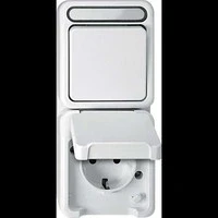 Abbildung von Schneider Electric Merten MEG3494 8019 Kombination Aufputz SCHUKO Steckdose mit Berührungsschutz/ Wechselschalter, Schutzkontaktsteckdose, IP44, polarweiß, AQUASTAR