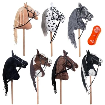 Abbildung von RL24 HKM Hobby Horse Pepper inkl MagicBrush Steckenpferd mit Trense Spielpferd aus Plüsch Holzstock &amp; Langer Mähne Stockpferd ohne Griffe Rollen schwarz/weiß