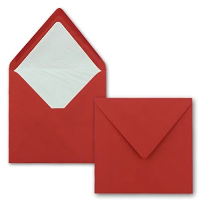 Abbildung von 25x Briefumschläge Quadratisch 16 x cm in Rosenrot (Rot) Umschläge mit weißem Seidenfutter Kuverts ohne Fenster &amp; Nassklebung Für Einladungskarten zu Hochzeit und Geburtstag