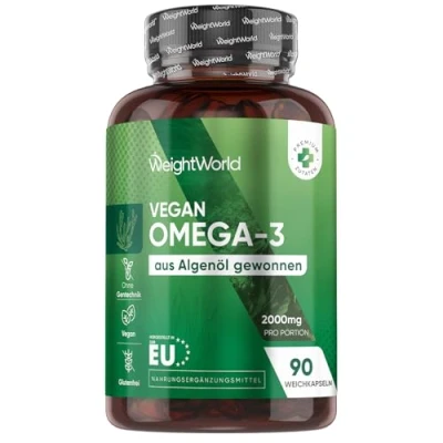 Abbildung von Vegane Omega 3 Kapseln 2000mg Algenöl liefern 600mg DHA &amp; 300mg EPA pro Tag 90 Softgels Frei von Magnesiumstearat Glutenfrei WeightWorld