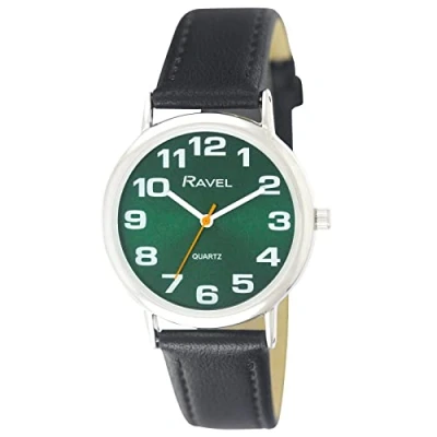 Abbildung von Ravel Damen Armbanduhr mit großen Ziffern Braun/silbernes Ton/blau Zifferblatt