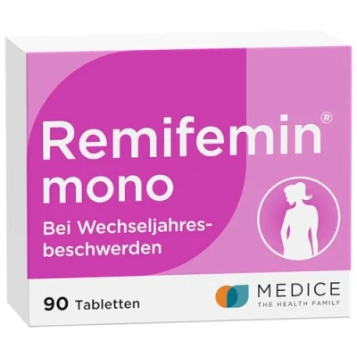 Abbildung von Remifemin mono 90 Tabletten Medikament für Wechseljahre bei leichten bis mittleren Wechseljahresbeschwerden hormonfrei pflanzliches Arzneimittel