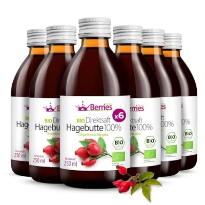 Abbildung von BIO Hagebuttensaft 6er Pack (6x250ml) purer Hagebutte Direktsaft 100% Kaltgepresst Muttersaft ohne Farbstoffe, Zucker, GMO, Konservierungsstoffe Vegan Öko BerriesPolska®