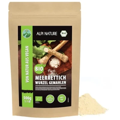 Abbildung von Bio Meerrettich gemahlen (500g), gemahlen, Meerrettichwurzel aus kontrolliert biologischem Anbau, Meerrettichpulver 100% natürlich, Pulver ohne Zusätze, vegan