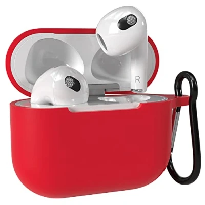 Abbildung von EAZY Case Schutzhülle für AirPods 3 Hülle Rot Silikon Stoßfest mit Karabiner geeignet als Schlüsselanhänger Antikratz Etui rutschfeste Silikonhülle Airpod 3. Generation in