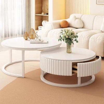 Abbildung von 2er Set Couchtisch Rund Weiss 50+70cm Wohnzimmertisch Weiß Runder Mit Stauraum Marmor Beistelltisch Stabilem Metallgestel Satztische Fürs Wohnzimmer Einfache Aufbau Für Schlafzimmer Büro
