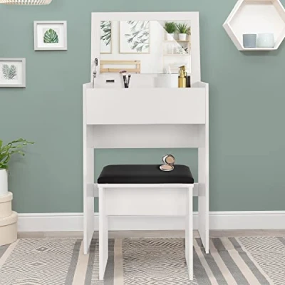 Abbildung von ML DESIGN Schminktisch Frisiertisch Kosmetiktisch Frisierkommode Schminkkommode Make up Tisch, Mit Hocker Spiegel 60x40x122cm Weiß modern