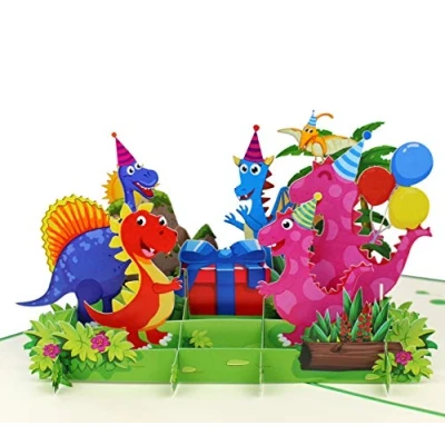 Abbildung von MOKIO® Pop Up Geburtstagskarte Happy Birthday Dino Party mit Geschenk &amp; Luftballons 3D Geschenkkarte zum Geburtstag, handgefertigte Klappkarte Umschlag