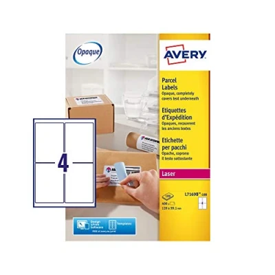 Abbildung von Avery Block out Versandetikett, 99,1 x 139 mm weißer Box 100 Blätter, 4 Etiketten pro Blatt